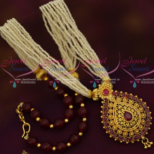 NL12175 Multi Strand Hand Beaded Small Pearl Mala Maroon Colour Gold Plated Pendant Online