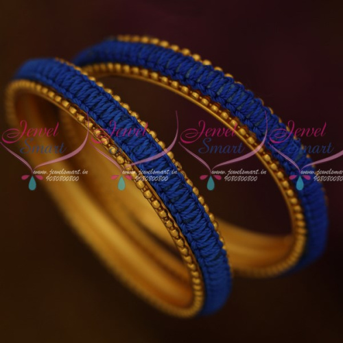 B12141 Blue Colour Thread Copper Metal Reddish Antique Base Bangle Worked Low Price Jewellery Online