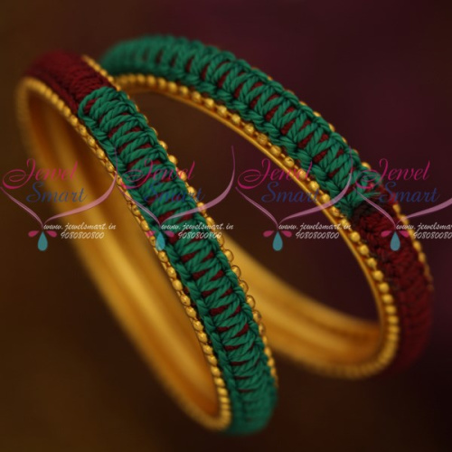 B12142 Maroon Green Colour Thread Copper Metal Reddish Antique Base Bangle Worked Low Price Jewellery Online
