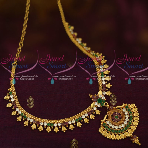NL12243 Kerala Style Bell Design South Indian Jewellery Short Necklace AD Red Green Stones Collections