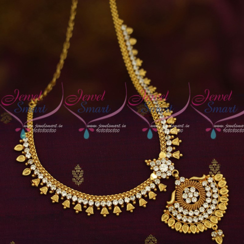 NL12245 Kerala Style Bell Design South Indian Jewellery Short Necklace AD White Stones Collections