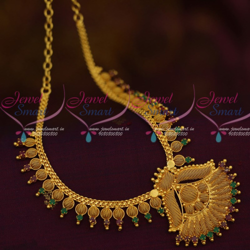 NL12246 Emboss Woven Design AD Red Green Short Necklace South Indian Jewellery Designs Shop Online