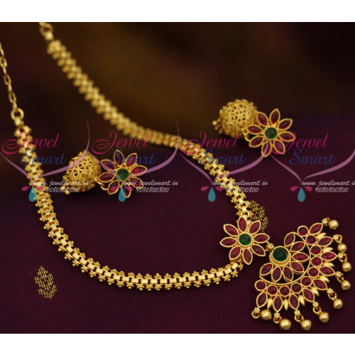 NL12214 Traditional Jewellery Attiga Design Flexible Chain Pendant Jhumka Kemp Stones Gold Plated Collections