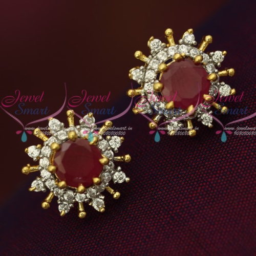 GPE0299 Two Tone Gold Silver Ruby White Round Ear Studs Shop Online American Diamond Jewellery