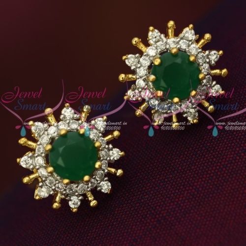 GPE0301 Two Tone Gold Silver Green White Round Ear Studs Shop Online American Diamond Jewellery