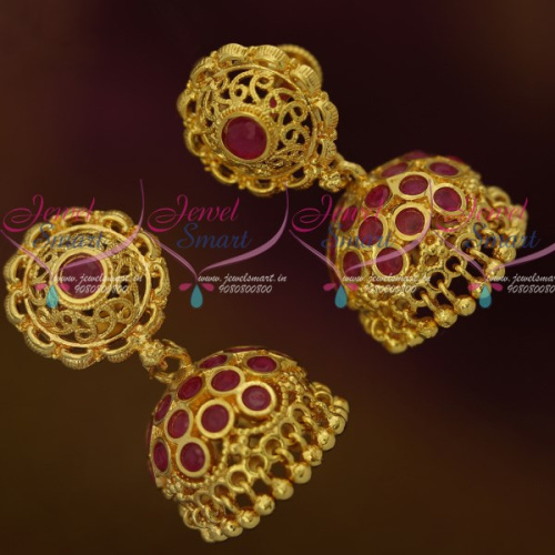 J12184 Round Tops Ruby Stones Jhumka Screwback South Indian Jewellery Gold Plated Collections Online