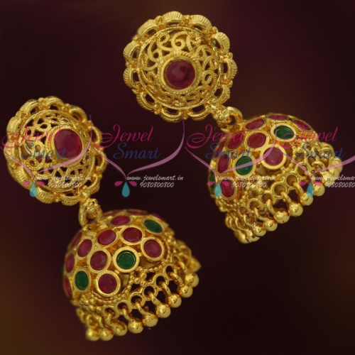 J12186 Round Tops Red Green Stones Jhumka Screwback South Indian Jewellery Gold Plated Collections Online