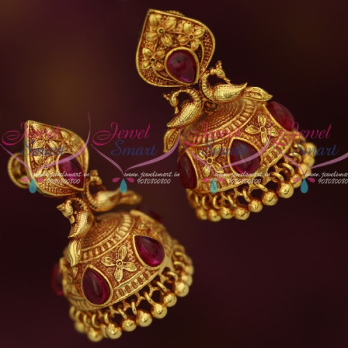 J12170 Kemp Red Peacock Design Gheru Reddish Plated Jhumka Latest South Indian Jewellery Online