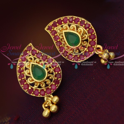 ER12254 Mango Shape Ruby Emerald Screwback Ear Studs South Indian Jewellery Shop Online