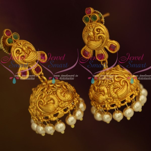 J12201 Peacock Design Matte Gold Plated Jewellery Pearl Drops Jhumka Earrings Online