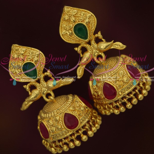 J12255 Kemp Red Green Peacock Design Light Gold Plated Jhumka Latest South Indian Jewellery Online