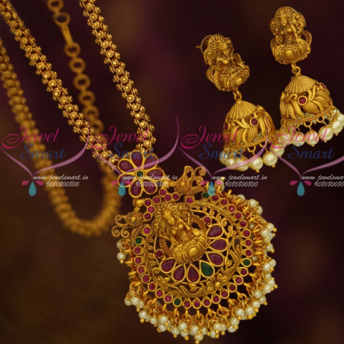 PS12284 Matte Reddish Gold Plated Temple Jewellery Chain Pendant Latest Antique Jewellery Designs Online