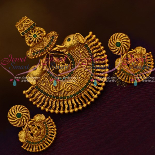PS12305 Gajalakshmi Design Antique Temple Jewellery Nagas Emerald Green Pendant Sets Shop Online