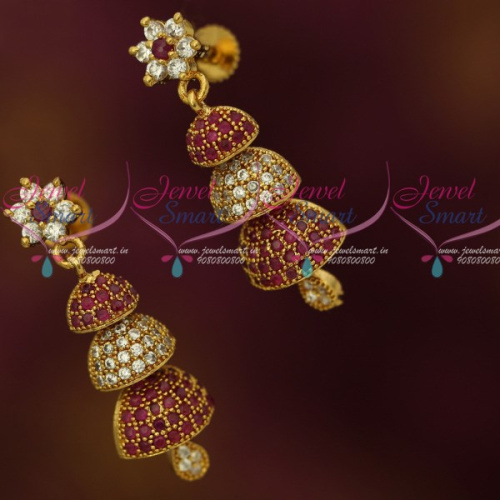 J12333 Ruby White Screwback 3 Step Small Size Half Jhumka South Indian Jewellery Shop Online