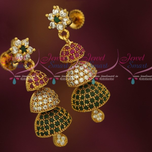 J12335 Ruby White Green Screwback 3 Step Small Size Half Jhumka South Indian Jewellery Shop Online