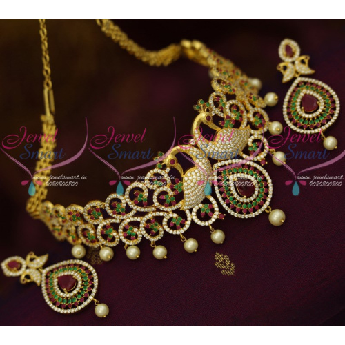 NL12353 AD Stones Dazzling Bridal Jewellery Peacock Red Green White Choker Set Shop Online 
