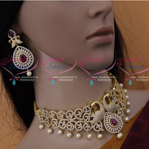 NL12328 AD Stones Dazzling Bridal Jewellery Peacock Red White Choker Set Shop Online 