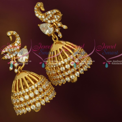 J12332 Stylish AD Jewellery Peacock Screwback Jhumka Earrings South Indian Fashion Shop Online