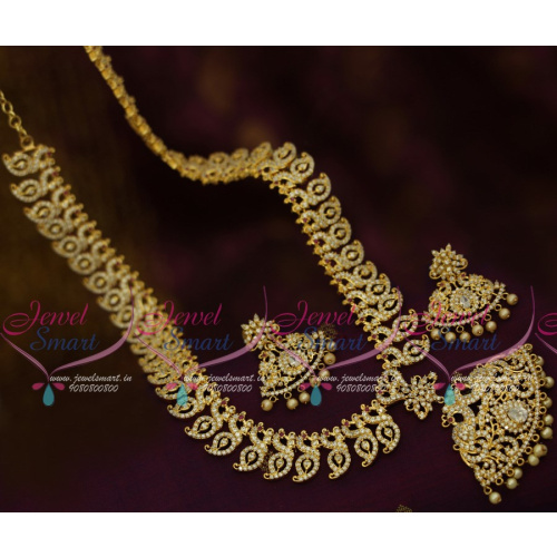 NL10938 South Indian Jewellery AD Haram Peacock Mango Traditional Design Online