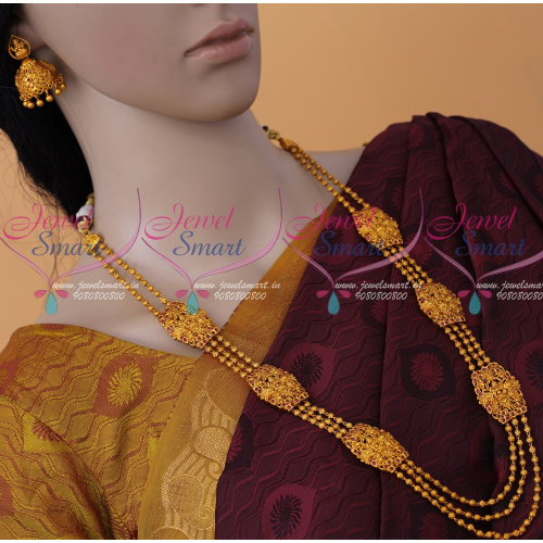 NL12361R 3 Line Beads Mala Temple Mugappu Haram Ruby Reddish Matte Finish Jewellery Shop Online