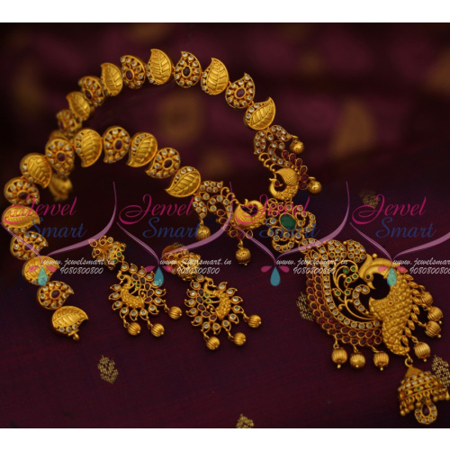 NL12471RG Leaf Design Chain Peacock Long Pendant Jhumki Drops Uncut Stones Jewellery Finish Multi Colour Matte Gold Online