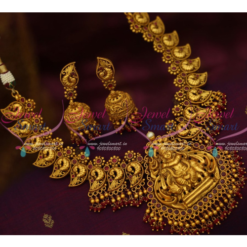 NL12438R Lord Krishna Pendant Peacock Jewellery Double Step Beads Jhumka Red Stones Antique Matte Imitation Online
