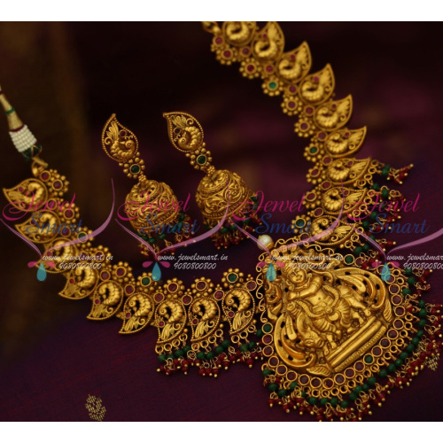 NL12438RG Lord Krishna Pendant Peacock Jewellery Double Step Beads Jhumka Red Green Stones Antique Matte Imitation Online