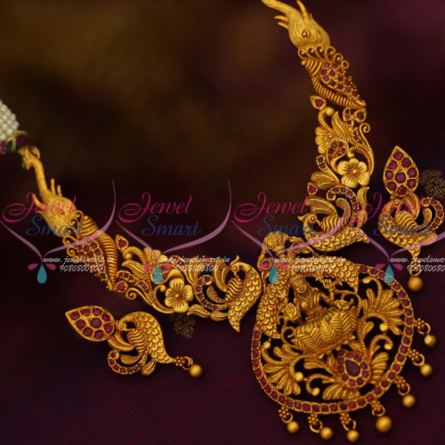NL12460N Ruby Peacock Floral Necklace Temple Pendant Traditional Jewellery Matte Gold Latest Imitation Buy Online