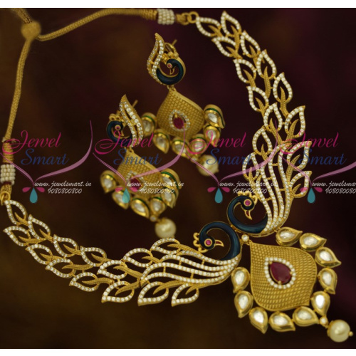 NL12322 Matte Gold Enamel Blue Colour Peacock AD Kundan Jewellery Latest Stylish Imitation Shop Online