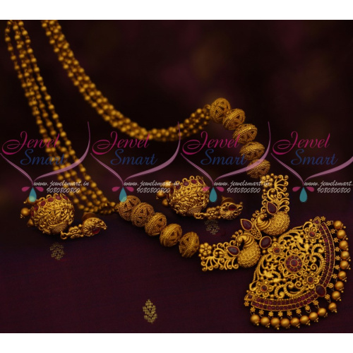 NL12292R Peacock Beads Mala Jhumka Trendy Haram Latest Matte Gold Antique Beaded Jewellery Collections Online