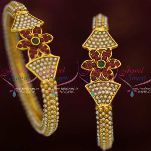 B12431 Floral Design Pearl Bangle 2 Pcs Set Antique Fashion Jewellery Latest Design Shop Online