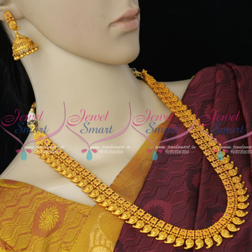 NL12373R Temple Haram Laxmi God Engraved Mango Necklace Red Matte Antique Gold Jewellery Collections Online