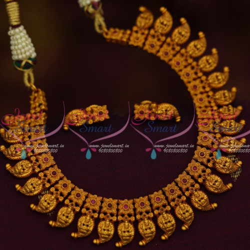 NL12408 Temple Laxmi God Engraved Mango Red Stones Necklace Matte Antique Gold Jewellery Collections Online