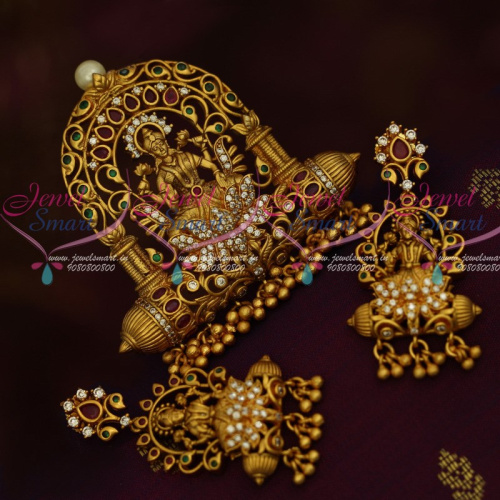 PS12348 AD Stones Jewellery Matte Gold Finish Temple Lakshmi God Pendant Earrings Set Shop Online
