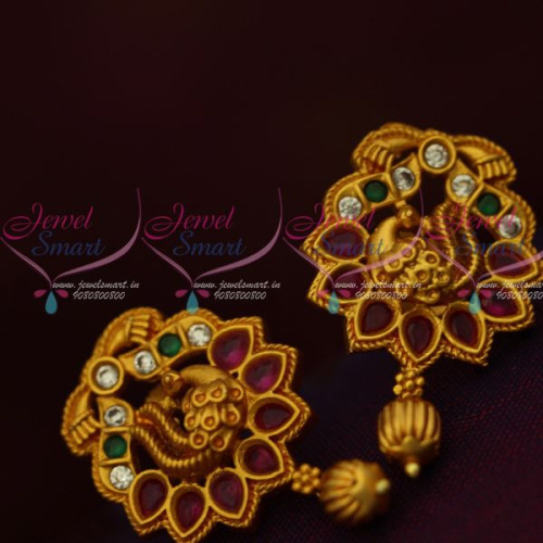 ER12595 Peacock Design Ruby Emerald Matte Gold Finish Ear Studs South Indian Jewellery Shop Online