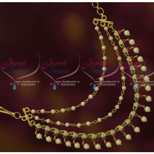 EC12611 3 Step Pearl Multi Ruby Emerald Stones Fancy Mattal Ear Chains Hair Decoration Jewellery Shop Online