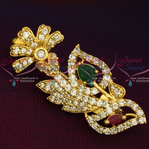 SP12508 Ruby Emerald White Imitation AD Stones Leaf Design Fashion Jewellery Saree Pins Collection Online