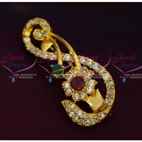 SP12509 Ruby Emerald White Imitation AD Stones Stylish S Design Fashion Jewellery Saree Pins Collection Online