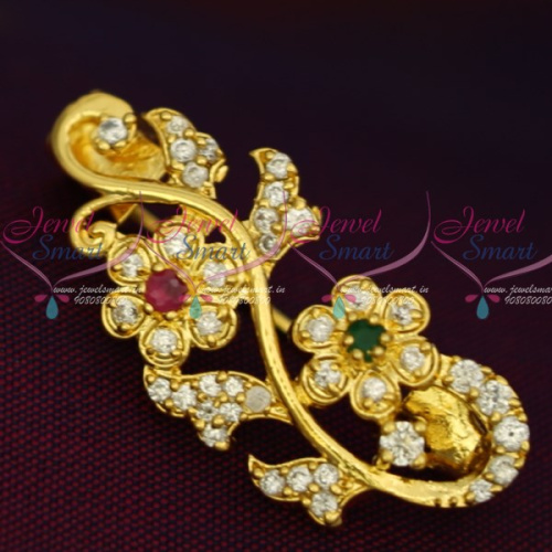 SP12510 Ruby Emerald White Imitation AD Stones Stylish Floral Fashion Jewellery Saree Pins Collection Online