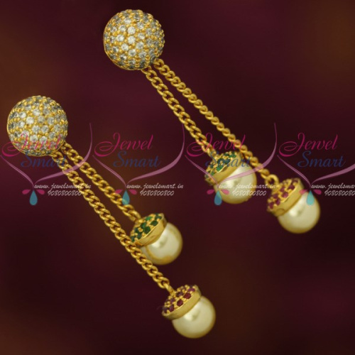 ER12547 AD Ruby Emerald Fancy Ball Design Chain Jhumka Drops Fashion Jewellery Earrings Latest Designs Shop Online