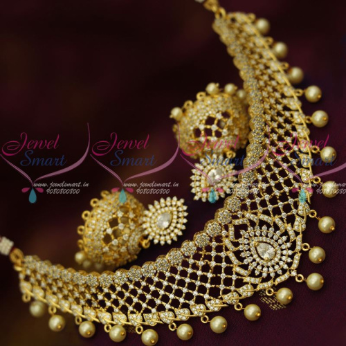 NL12564W AD White Stones Elegant Design Choker Broad Jhumka Earrings New Fashion Jewellery Shop Online