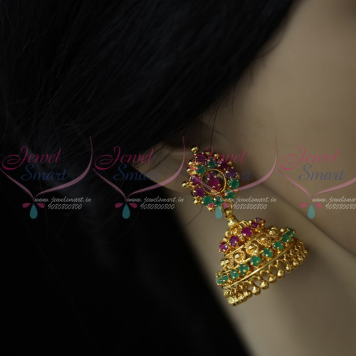 J9778RG Ruby Emerald AD Stones Jimikky Kammal Screwback South Indian Jewellery Shop Online