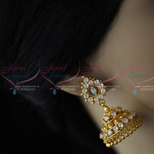 J9778 White AD Stones Jimikky Kammal Screwback South Indian Jewellery Shop Online