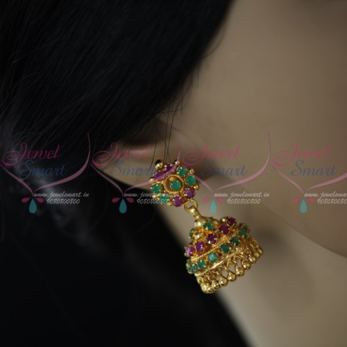 J10178RG Semi Precious Ruby Emerald Stones Gold Plated Screw Back Big Size AD Stones Jimikki Earrings Heavy Design Online