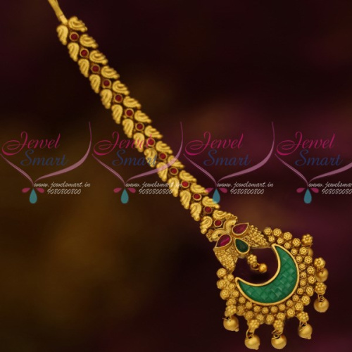 T12529RG South Indian Traditional Jewellery Big Green Stone Maang Tikka Fany Designs 