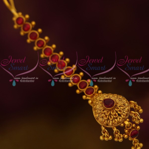 T12532R Kemp Red Thick Stiff Design Small Size Maang Tikka Forehead South Indian Jewellery Online