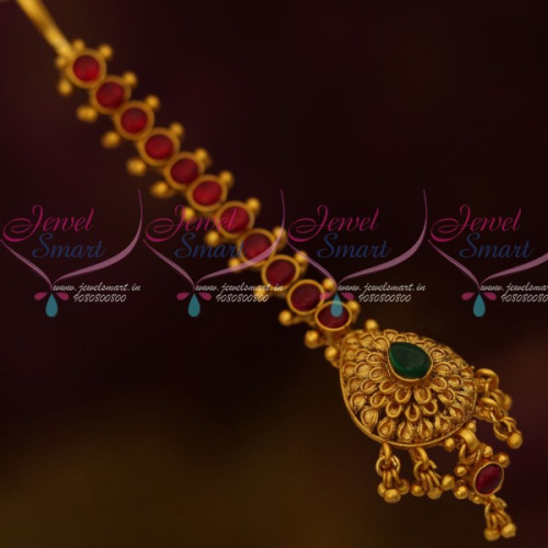 T12532RG Kemp Red Green Thick Stiff Design Small Size Maang Tikka Forehead South Indian Jewellery Online