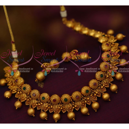 NL12559RG Floral Design Golden Bead Drops Ruby Emerald Stones Latest Matte Fashion Jewellery Online