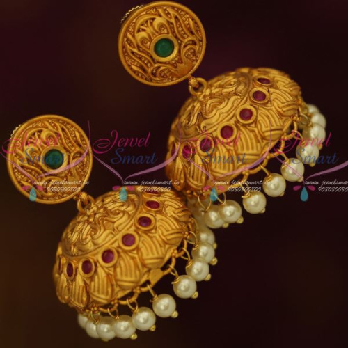 J12614RG Matte Copper Tone Gold Colour Broad Design Jhumka Earrings Latest Fashion Jewellery Red Green Shop Online