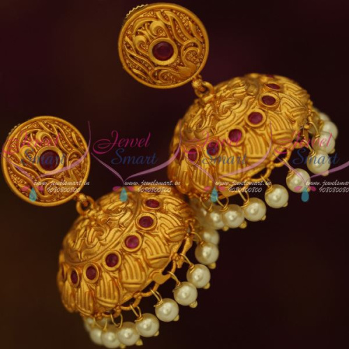 J12614R Matte Copper Tone Gold Colour Broad Design Jhumka Earrings Latest Fashion Jewellery Red Stones Shop Online